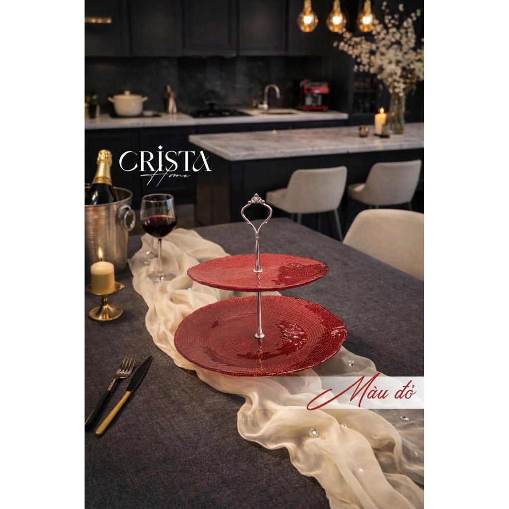 Bộ Đĩa Thủy Tinh 2 Tầng Vân Lưới Crista Home 28cm + 22.5cm | Đĩa Bánh, Trái Cây, Bàn Tiệc Cao Cấp Hàng Chính Hãng