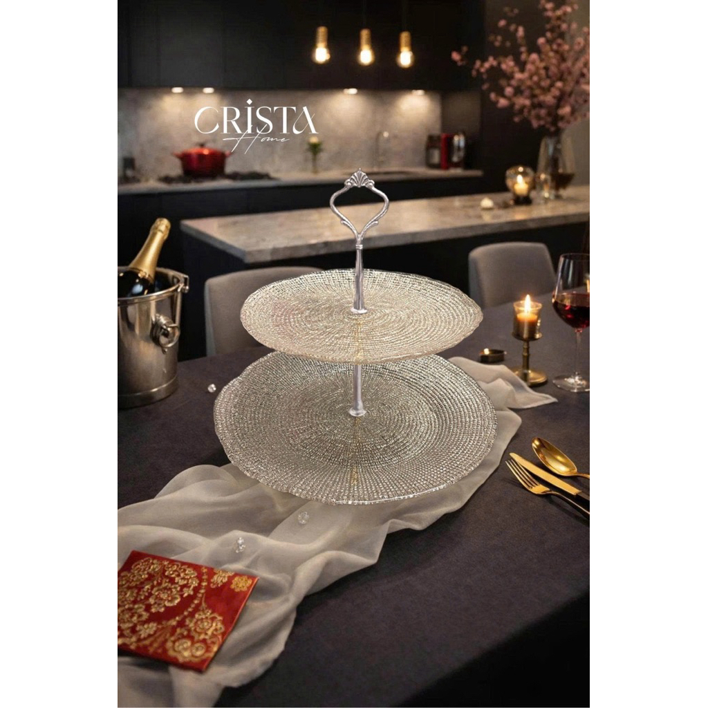 Bộ Đĩa Thủy Tinh 2 Tầng Vân Lưới Crista Home 28cm + 22.5cm | Đĩa Bánh, Trái Cây, Bàn Tiệc Cao Cấp Hàng Chính Hãng