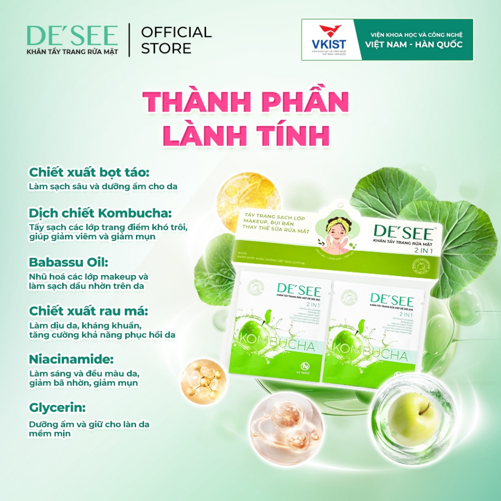 Khăn tẩy trang rửa mặt 2 IN 1 Dr.Papie chiết xuất Kombucha dành cho mẹ bầu và mẹ đang cho con bú (10c/túi)