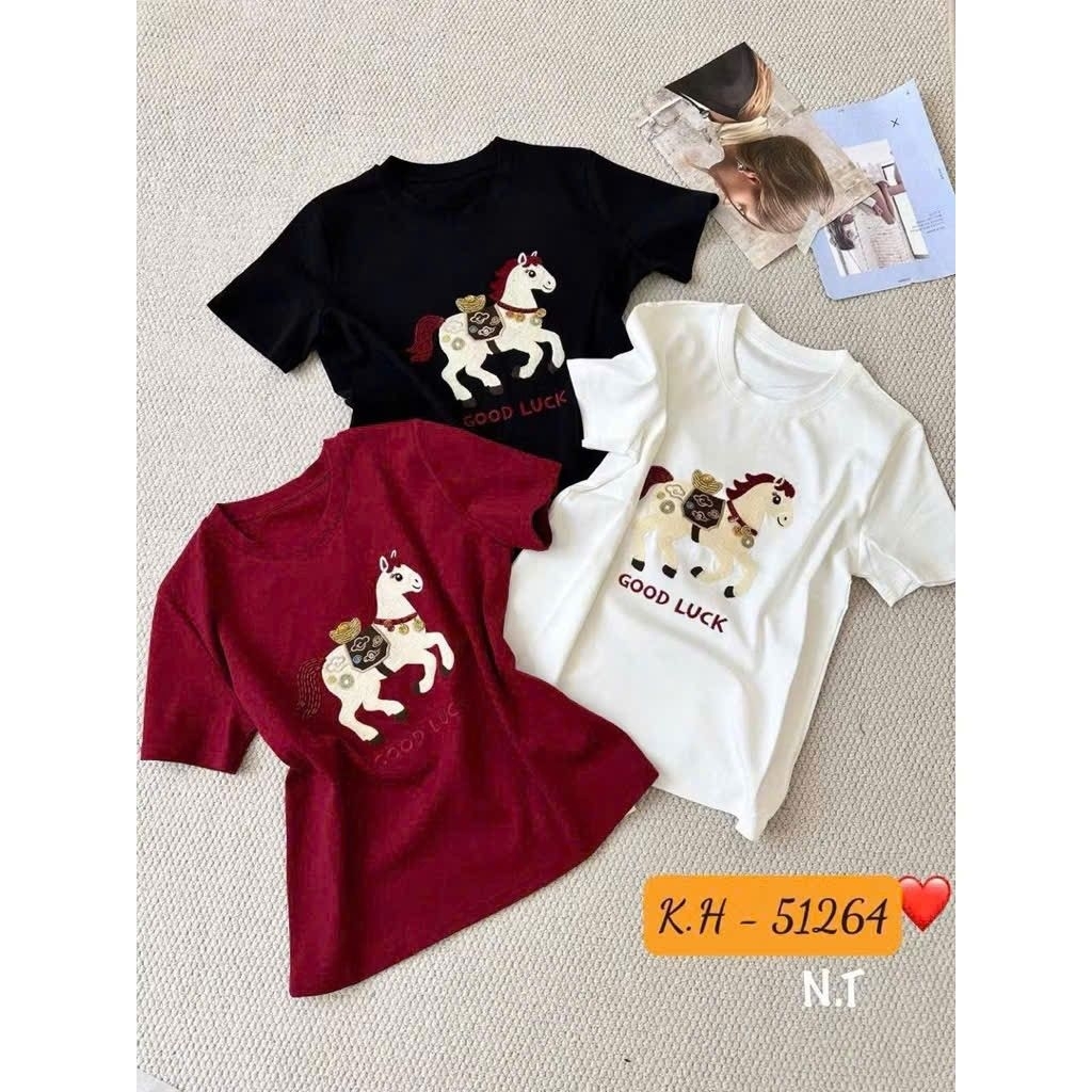 [𝑯𝒂 𝑨𝒏𝒉]Áo Phông Cộc Thêu Ngựa Good Luck QCL1
