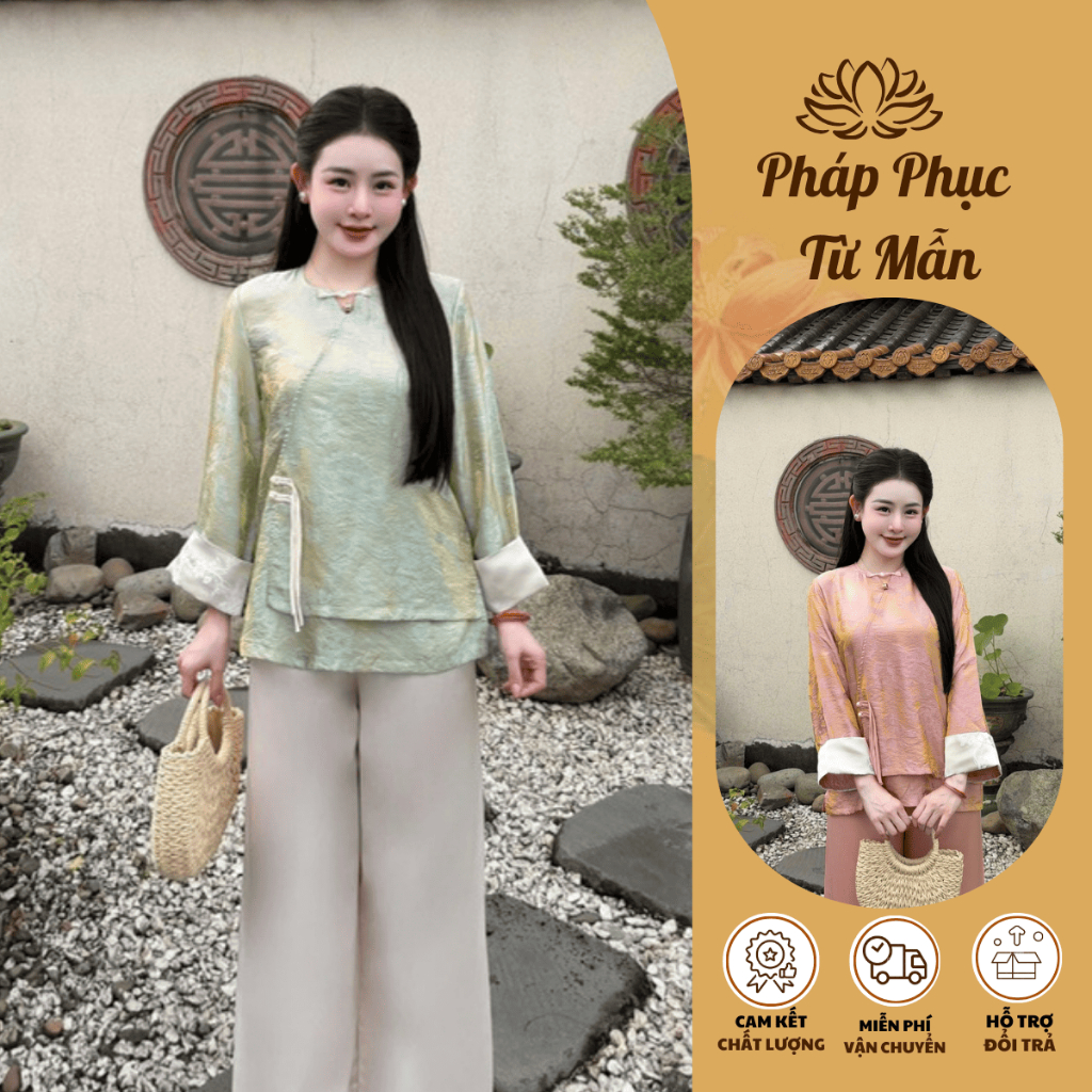 Bộ đi chùa cách tân dài tay phối gấm tằm ánh kim vân hoa cúc Pháp phục đi lễ cổ tròn dáng xuông mềm mịn -CTH