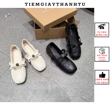 9375-38 ( BÚP BÊ CAO CẤP ) Giày Búp Bê Nữ Quai Chéo Đính Hoa Hồng – Giày Mary Jane Da Mềm Họa Tiết Quả Trám Sang Chảnh
