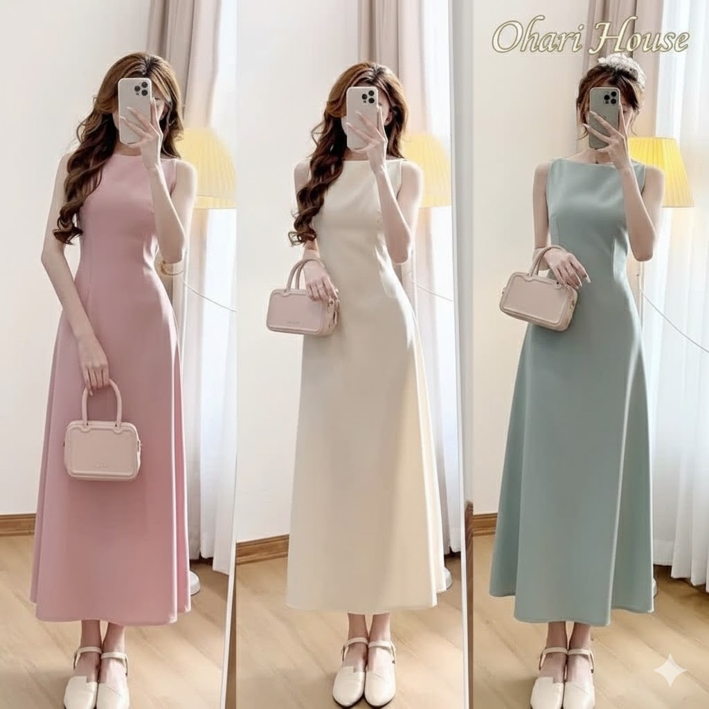 Ohari Đầm hai dây CỔ THUYỀN dáng dài tiểu thư, Đầm maxi cổ yếm dáng dài đi biển, đi chơi