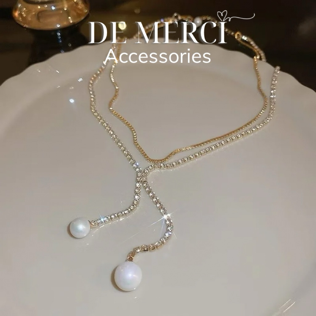 Vòng cổ dây chuyền xương đòn viền ngọc trai hai lớp với ánh sáng kim cương sang trọng DC067