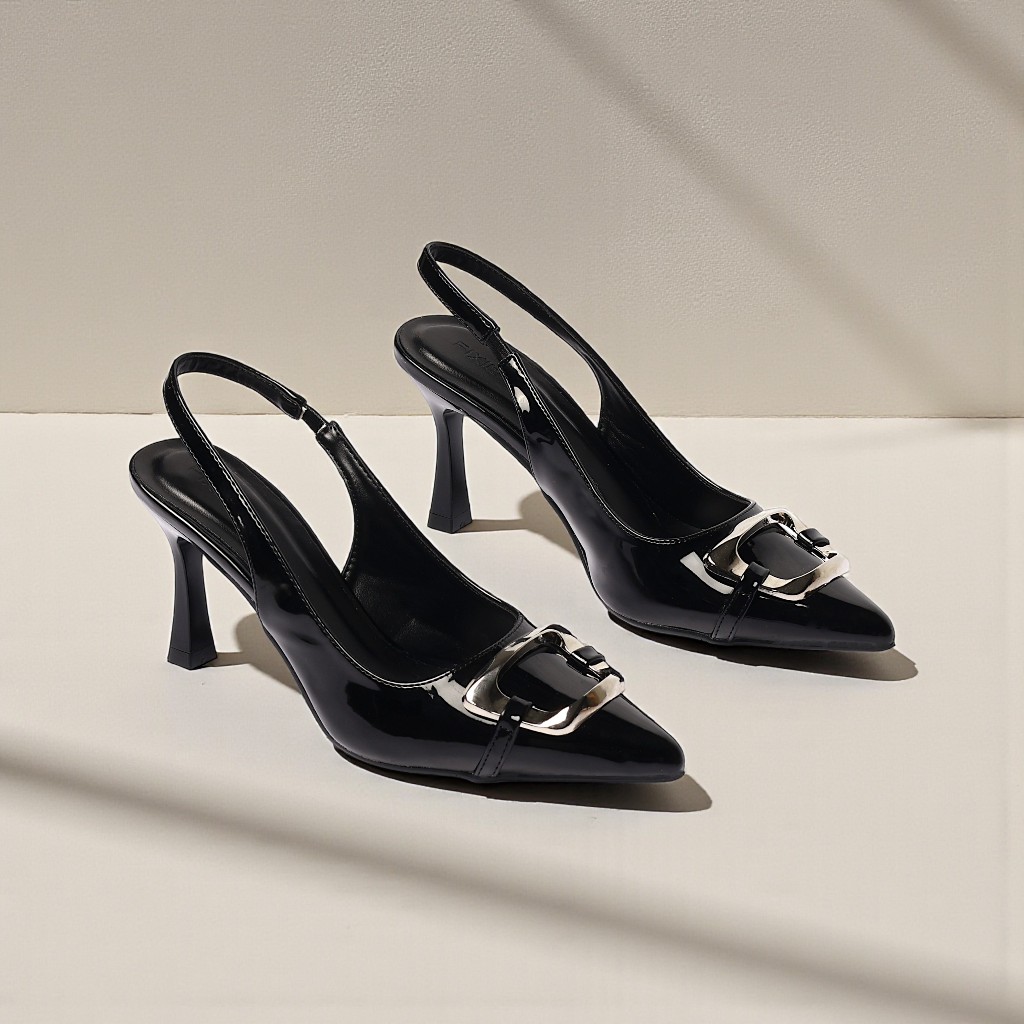 Giày Slingback Mũi Nhọn Gót 7cm Da Bóng Khoá Vuông Pixie H389