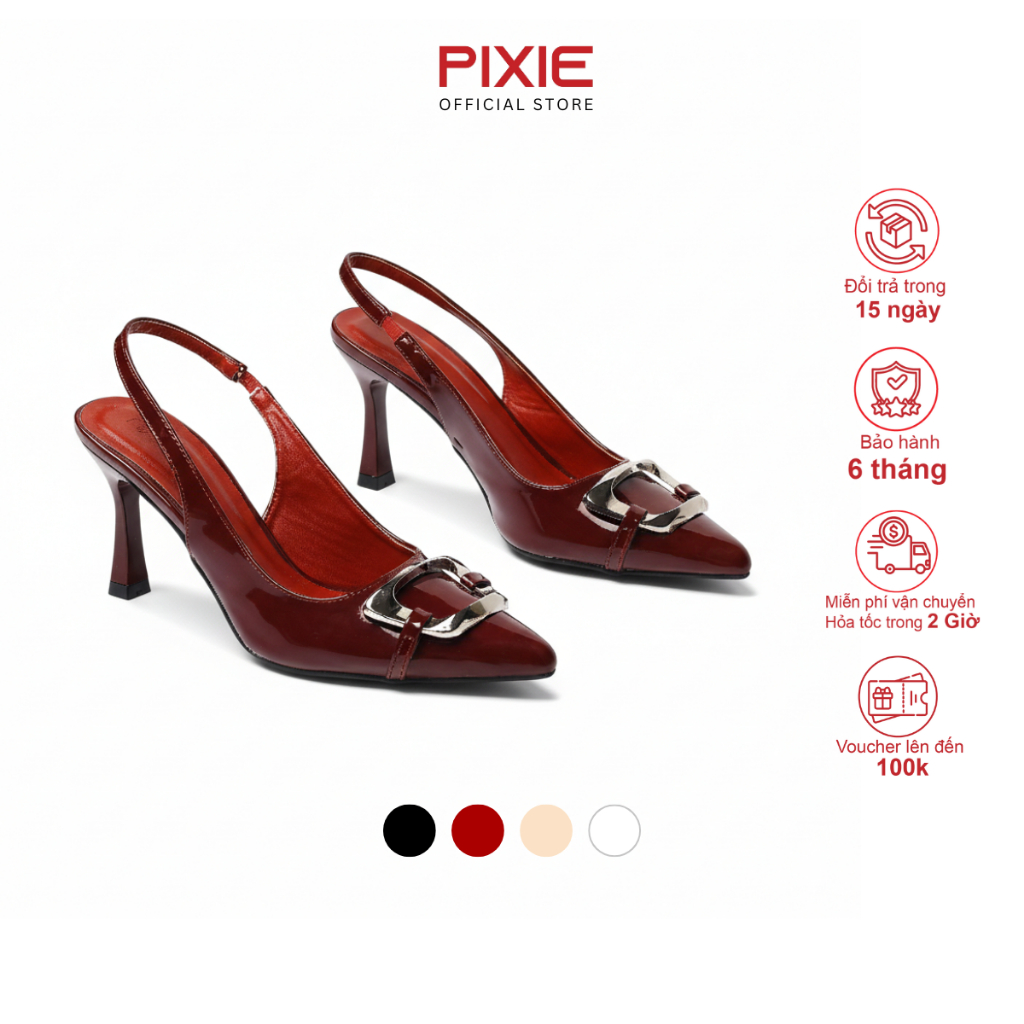 Giày Slingback Mũi Nhọn Gót 7cm Da Bóng Khoá Vuông Pixie H389