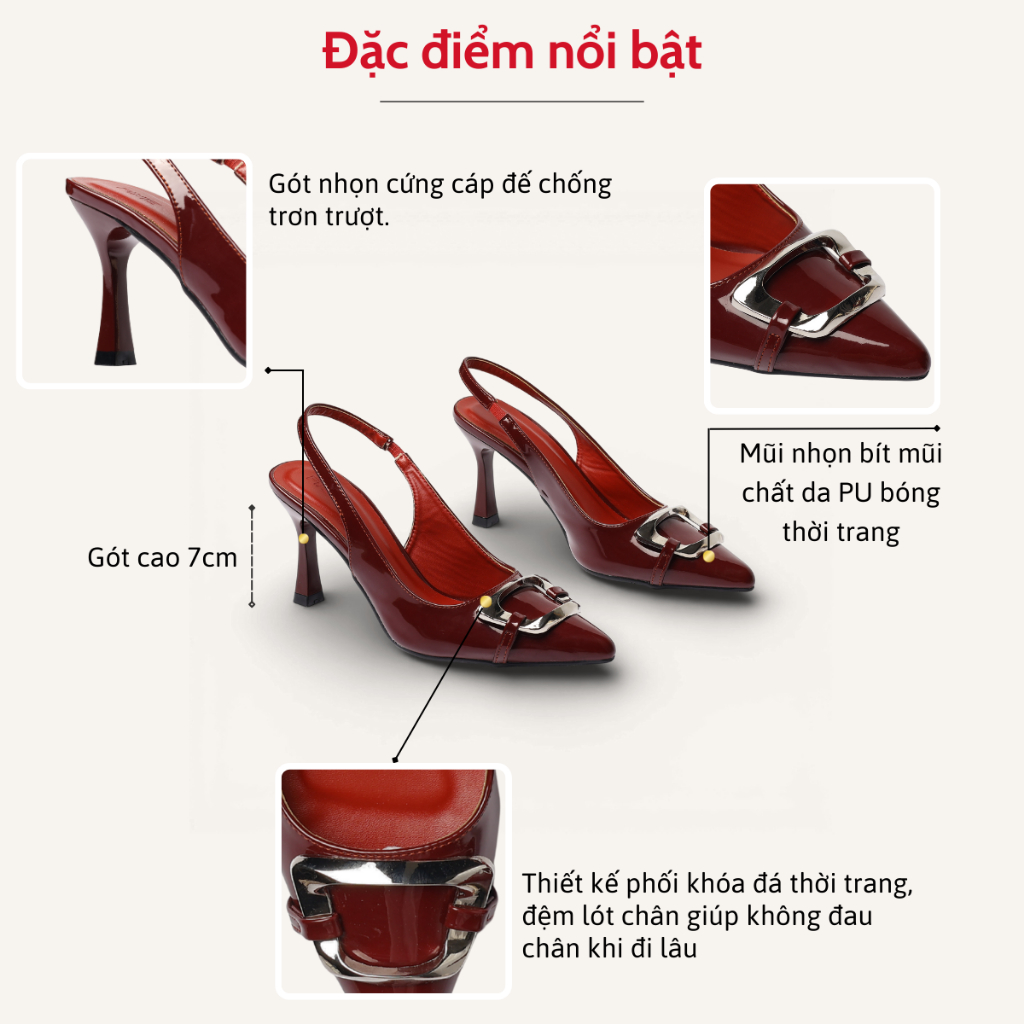 Giày Slingback Mũi Nhọn Gót 7cm Da Bóng Khoá Vuông Pixie H389