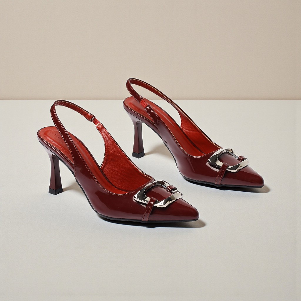 Giày Slingback Mũi Nhọn Gót 7cm Da Bóng Khoá Vuông Pixie H389