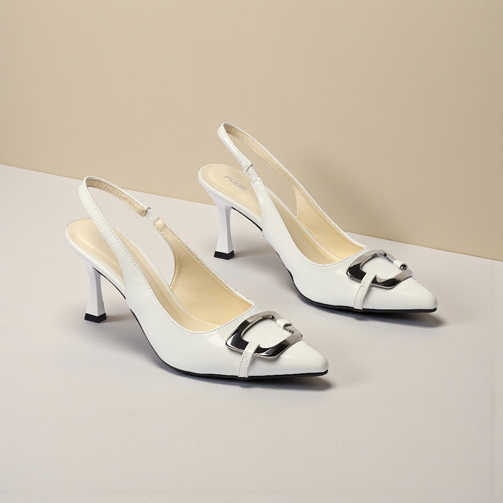 Giày Slingback Mũi Nhọn Gót 7cm Da Bóng Khoá Vuông Pixie H389