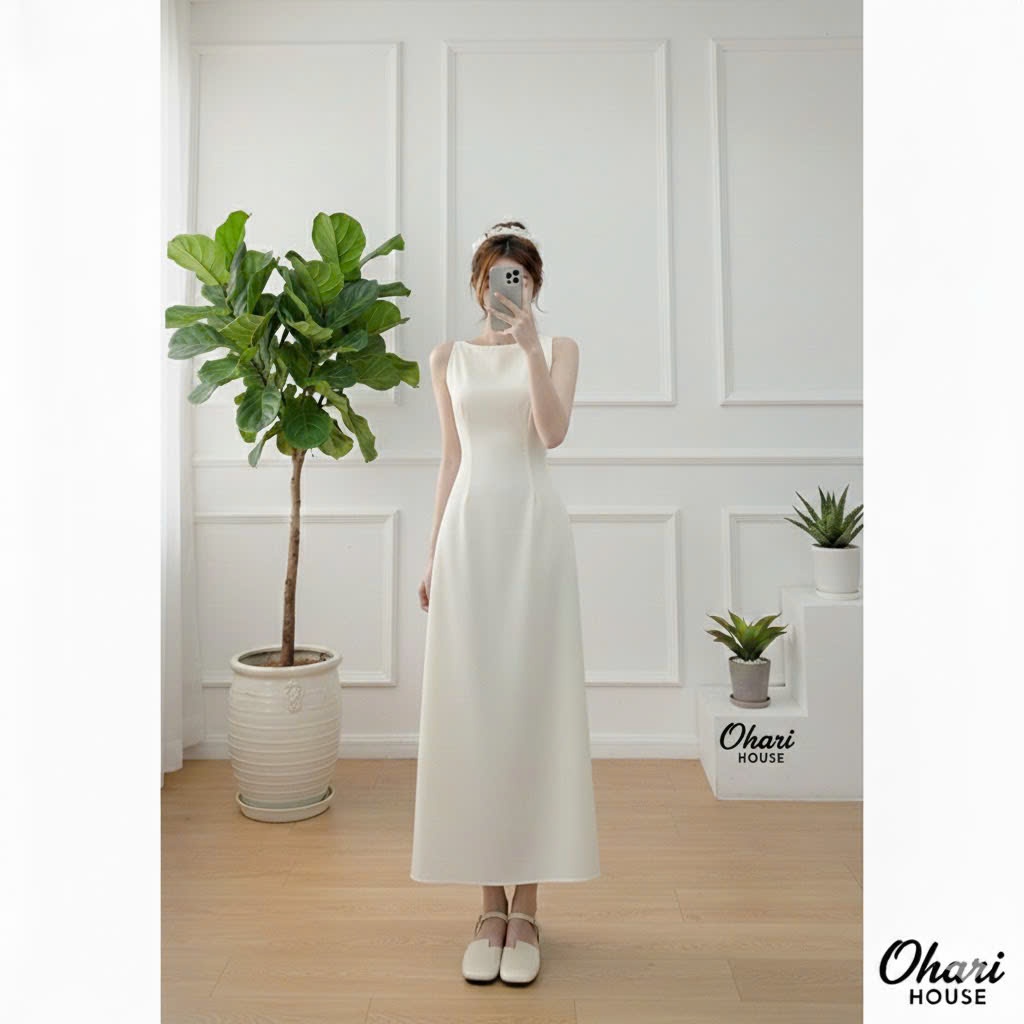 Váy cổ thuyền Ohari House Váy yếm dáng dài xòe tiểu thư nhiều màu chất liệu Cotton Hàn