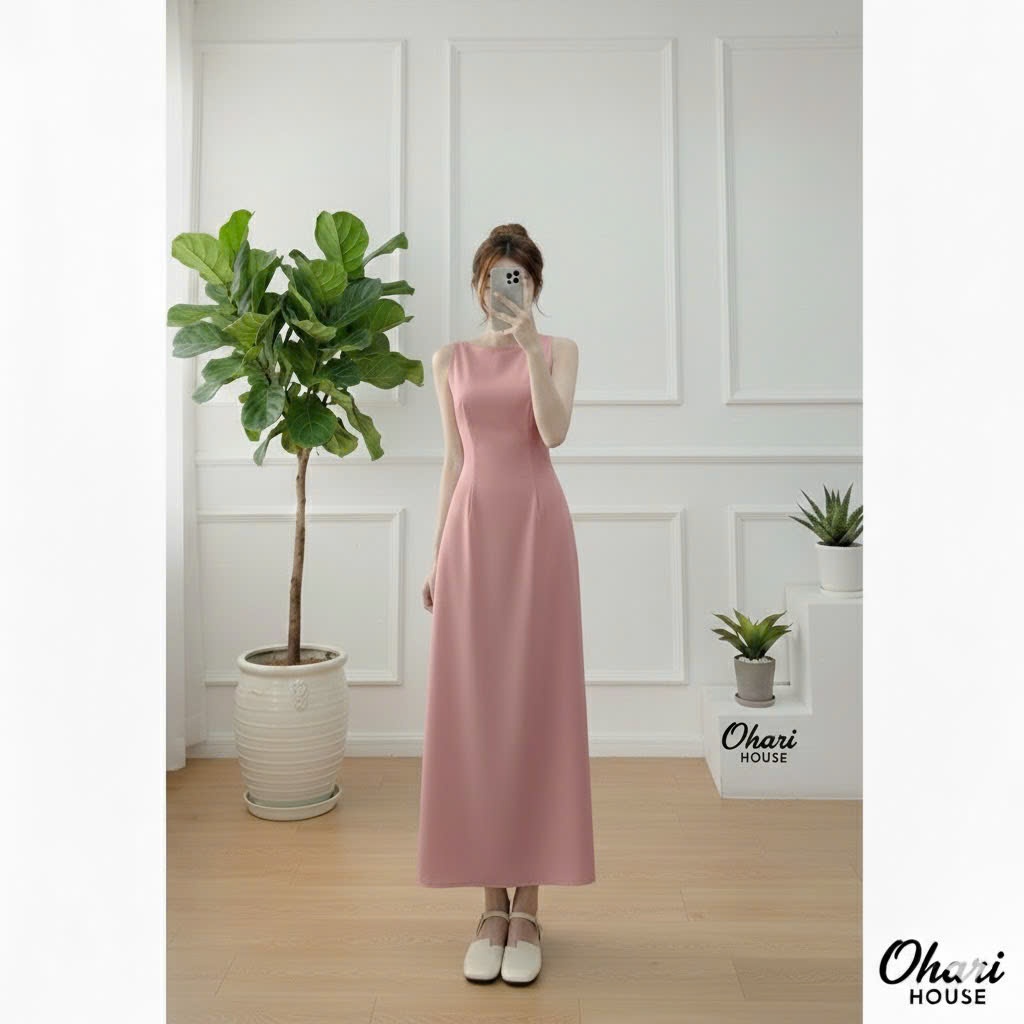 Váy cổ thuyền Ohari House Váy yếm dáng dài xòe tiểu thư nhiều màu chất liệu Cotton Hàn