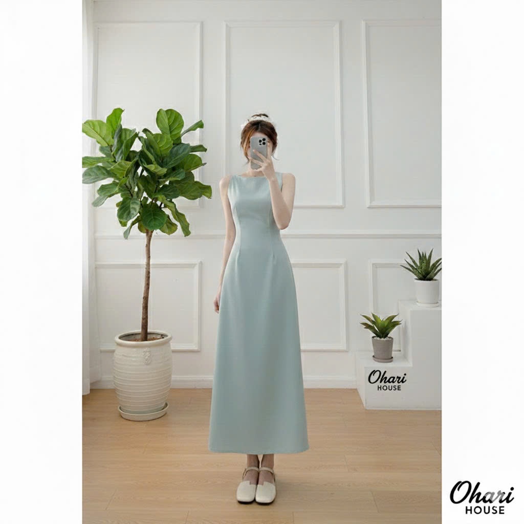 Váy cổ thuyền Ohari House Váy yếm dáng dài xòe tiểu thư nhiều màu chất liệu Cotton Hàn