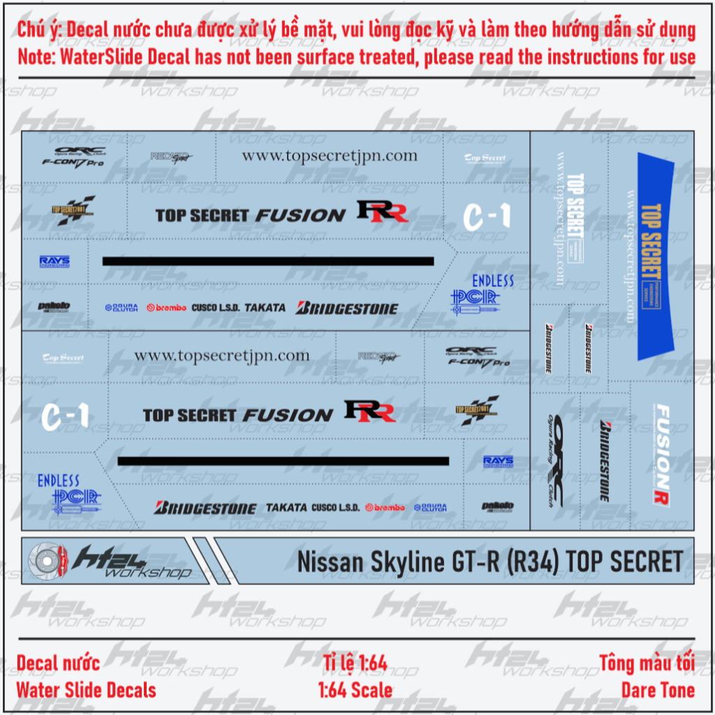 HT24workshop - Decal nước Nissan Skyline GT-R (R34) TOP SECRET cho xe ...