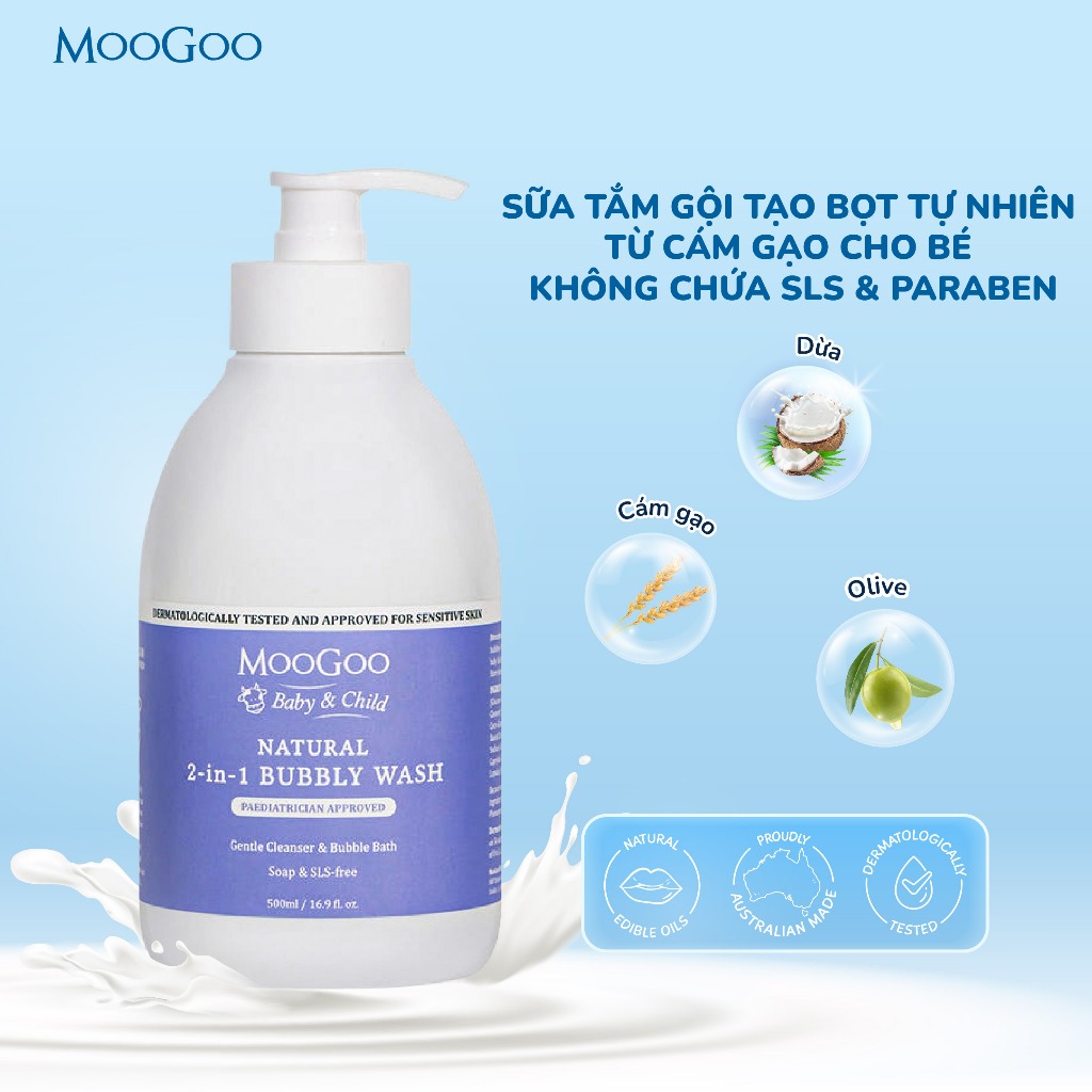 Sữa Tắm Gội Tự Nhiên MooGoo Bubbly Wash Từ Cám Gạo Cho Bé Không Chứa SLS & Paraben