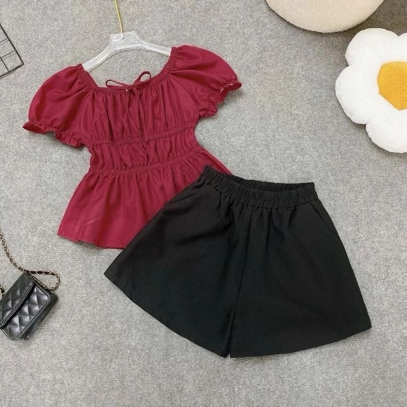 [Peinn] Set Bộ Bigsize Nữ Áo Babydoll Tay Phồng Dáng Peplum Kèm Quần Đùi Lưng Chun A282-Q500