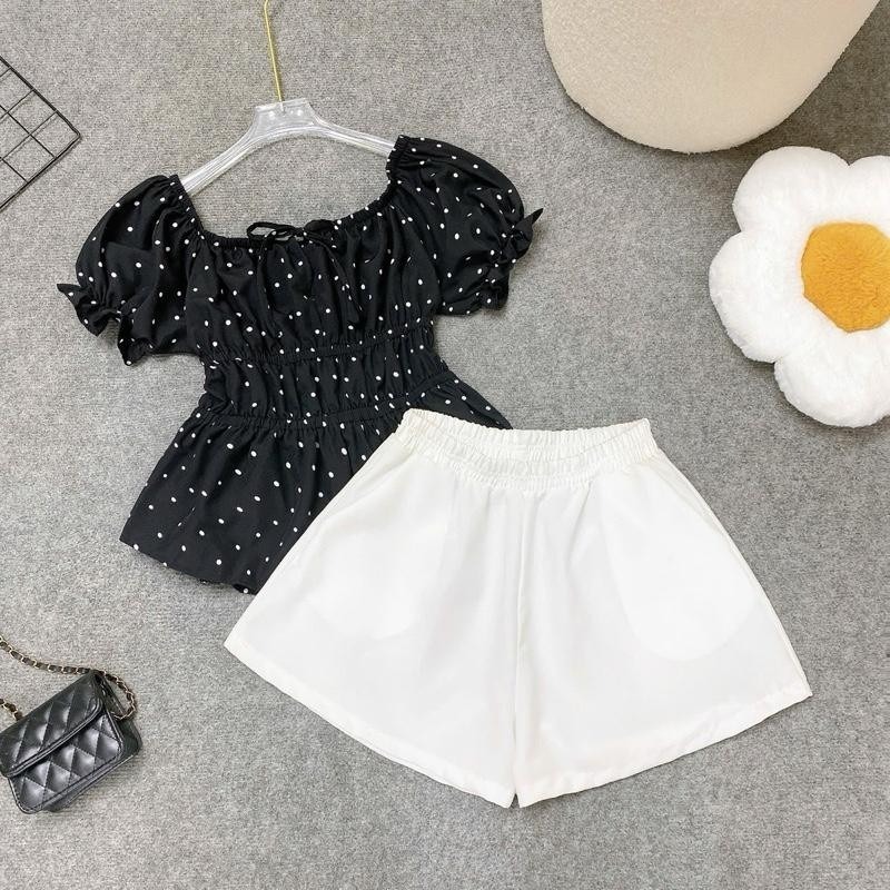 [Peinn] Set Bộ Bigsize Nữ Áo Babydoll Tay Phồng Dáng Peplum Kèm Quần Đùi Lưng Chun A282-Q500