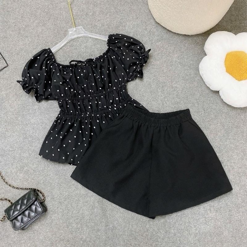 [Peinn] Set Bộ Bigsize Nữ Áo Babydoll Tay Phồng Dáng Peplum Kèm Quần Đùi Lưng Chun A282-Q500