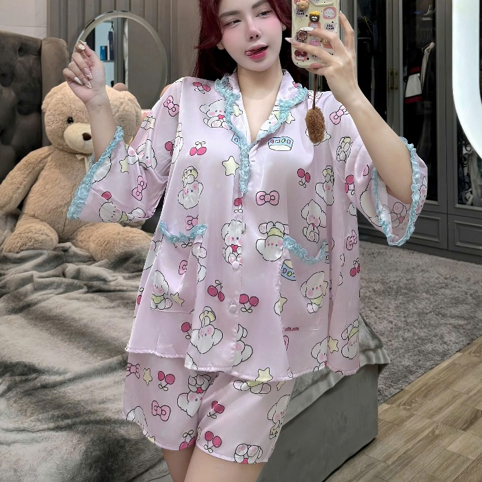 Đồ ngủ dễ thương,đồ ngủ lụa lạnh cao cấp,set đồ ngủ nữ,bộ ngủ tiểu thư,pijama đùi cute viền ren [41]