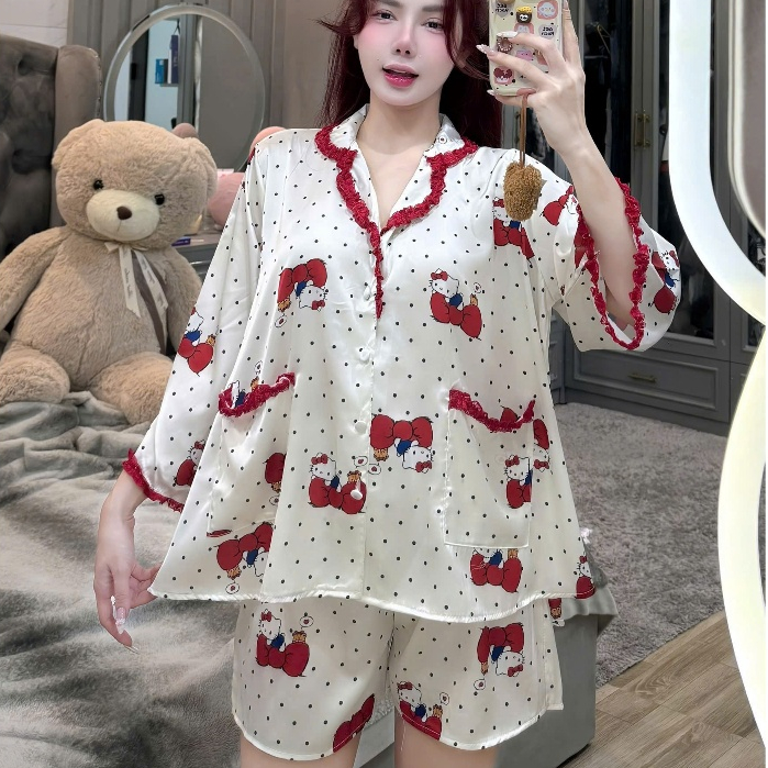 Đồ ngủ dễ thương,đồ ngủ lụa lạnh cao cấp,set đồ ngủ nữ,bộ ngủ tiểu thư,pijama đùi cute viền ren [41]