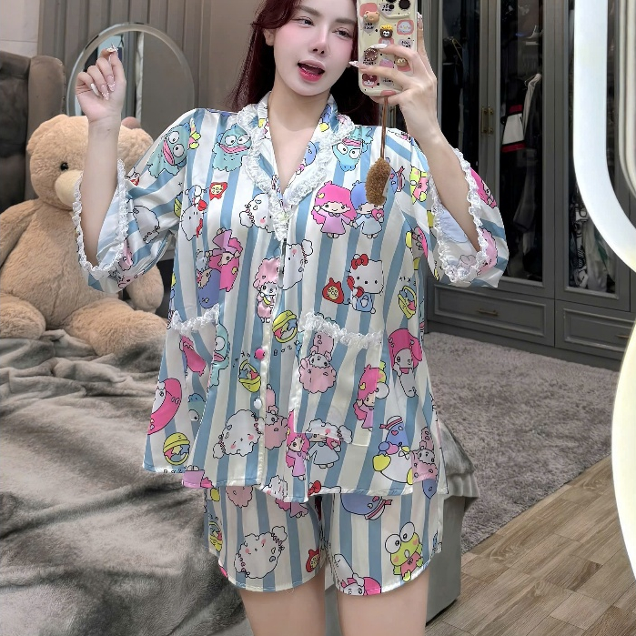 Đồ ngủ dễ thương,đồ ngủ lụa lạnh cao cấp,set đồ ngủ nữ,bộ ngủ tiểu thư,pijama đùi cute viền ren [41]