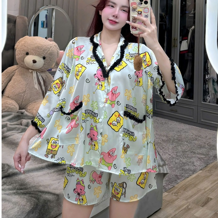 Đồ ngủ dễ thương,đồ ngủ lụa lạnh cao cấp,set đồ ngủ nữ,bộ ngủ tiểu thư,pijama đùi cute viền ren [41]