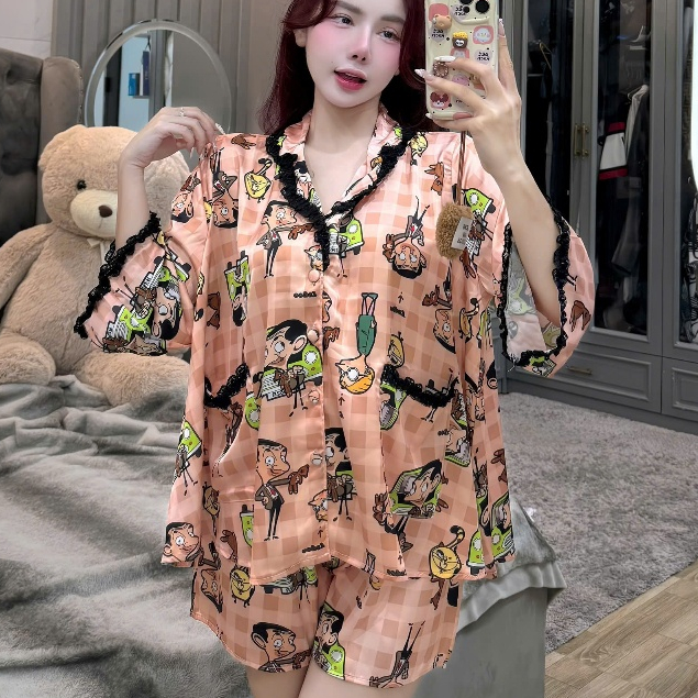 Đồ ngủ dễ thương,đồ ngủ lụa lạnh cao cấp,set đồ ngủ nữ,bộ ngủ tiểu thư,pijama đùi cute viền ren [41]
