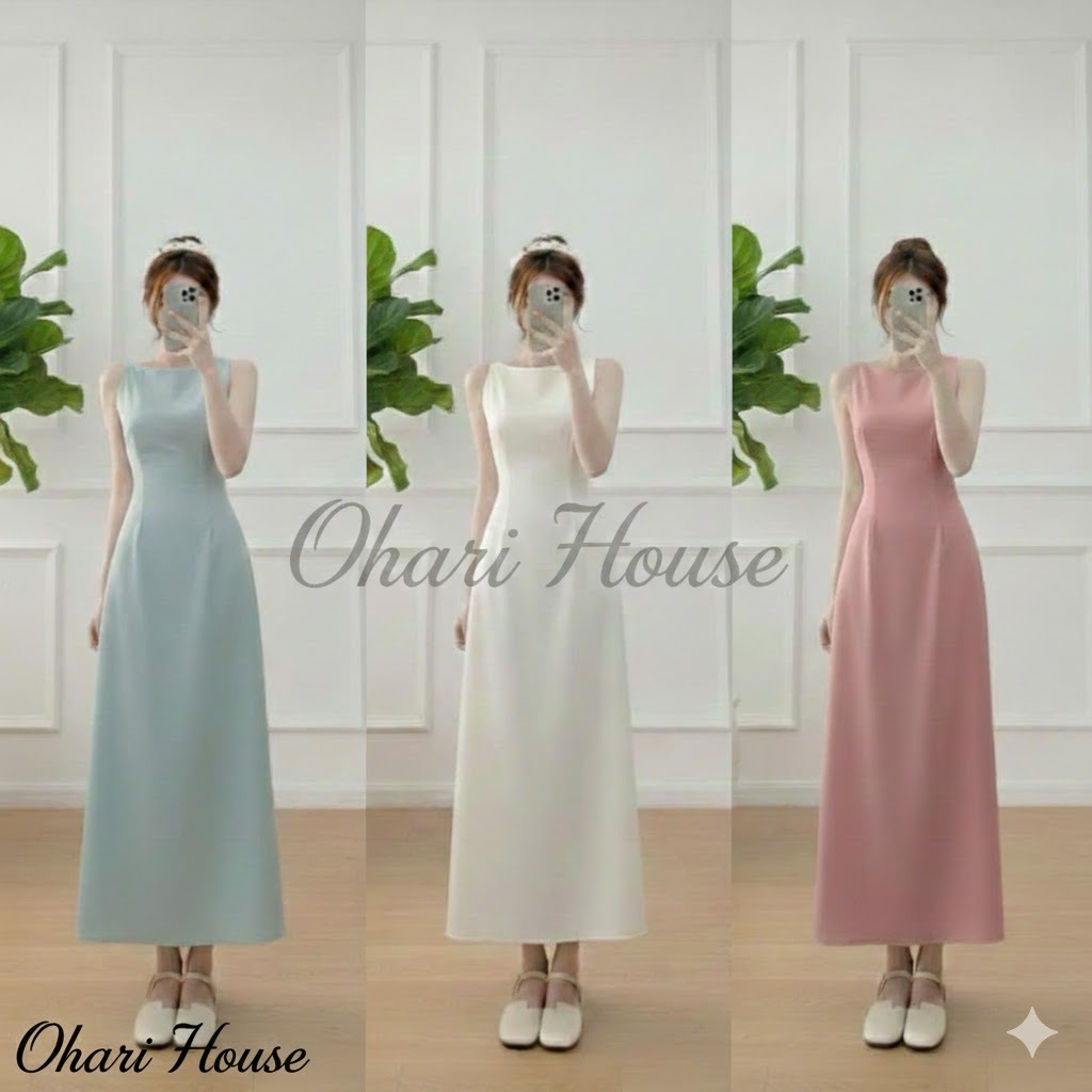 Váy cổ thuyền Ohari House Váy yếm dáng dài xòe tiểu thư nhiều màu chất liệu Cotton Hàn