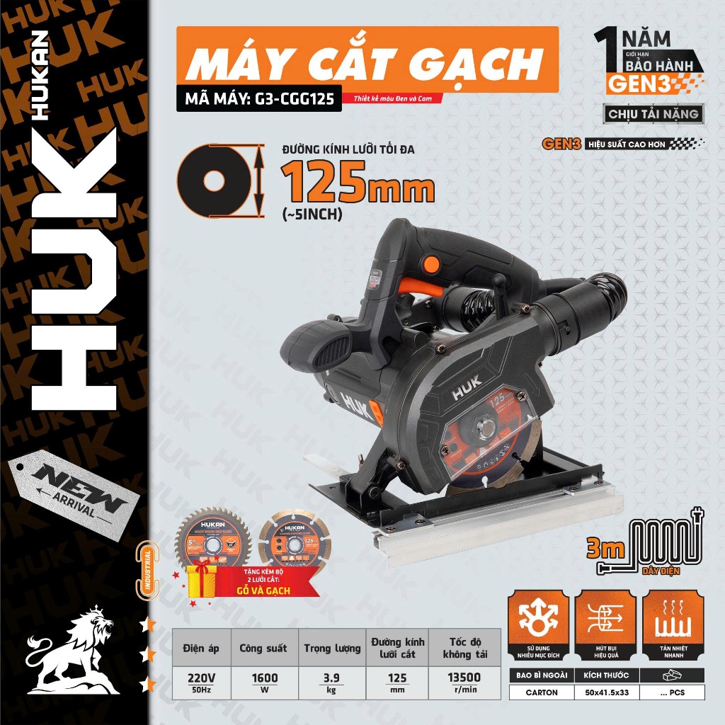 Máy Cắt Gạch HUKAN Gen3 G3-CGG125 | 1600W | Lưỡi 125mm | Cắt Gạch Đá Chuẩn Xác | Bảo Hành 12 Tháng