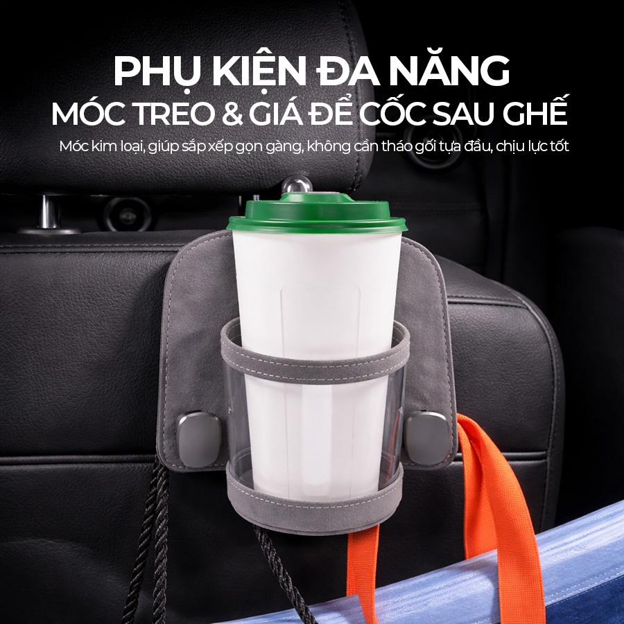 Móc Treo Đa Năng Có Hộc Đựng Ly Trên Ô Tô CIND BO-L021 Bằng Kim Loại Bọc Da Lộn Sang Trọng Cho Nội Thất Xe