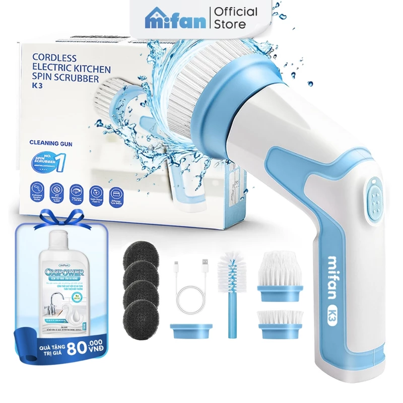 Máy Cọ Rửa Điện Cầm Tay Đa Năng Mifan K3 25W - Kèm 4 Đầu Chổi, Pin Sạc 2000mAh, Chống Nước IPX7, Tốc Độ 500rpm, BH 12 Th — ảnh 1