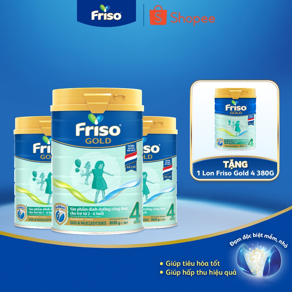 [Tặng 1 Lon Friso Gold 4 380G] Combo 3 Lon Sữa Bột Friso Gold 4 800G/850G (cho trẻ từ 2-6 tuổi)