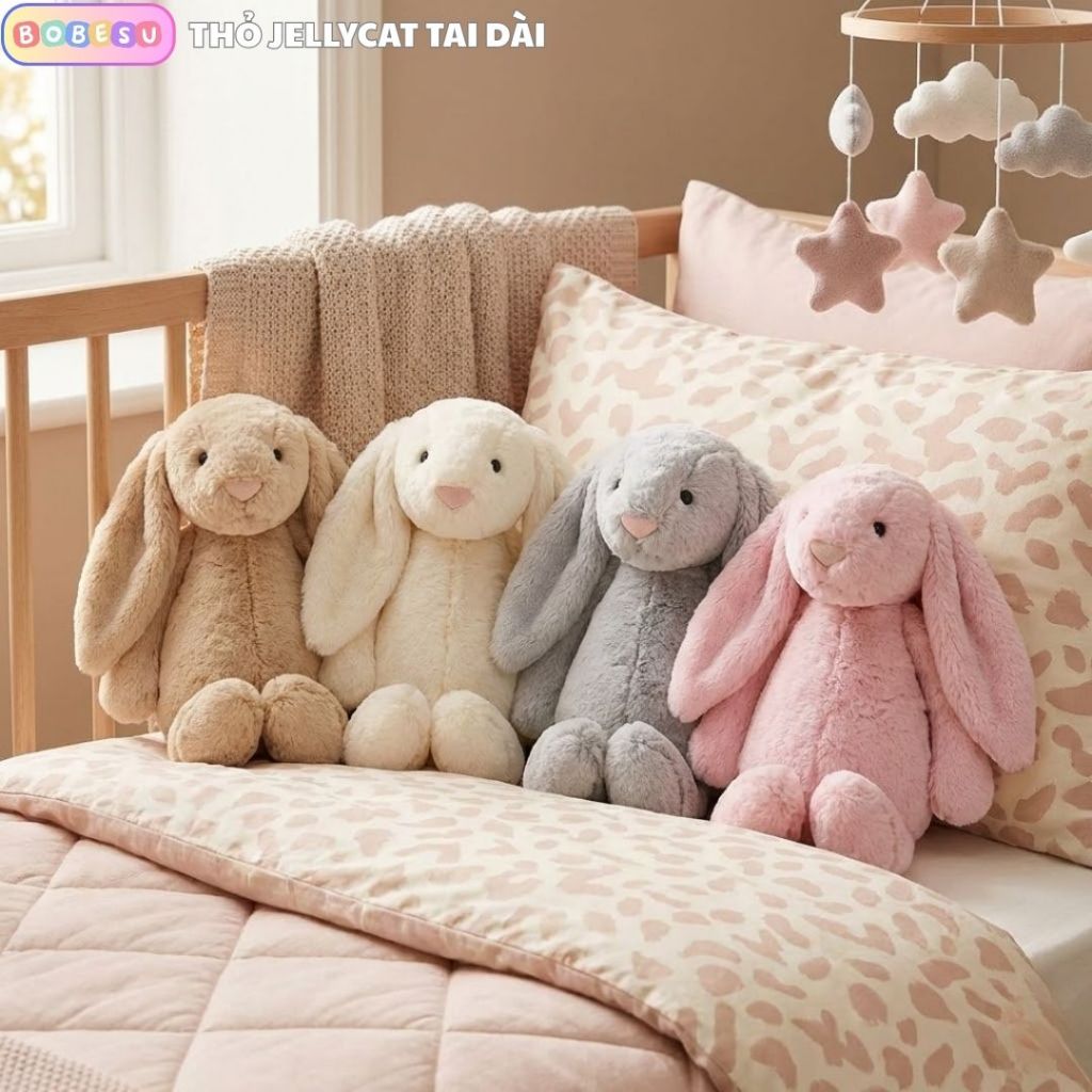 Gấu Bông Thỏ Tai Dài JellyCat Thú Nhồi Bông Thỏ Dễ Thương Chất Liệu Vải Lông Thỏ Mềm Mại An Toàn Cho Da Bé