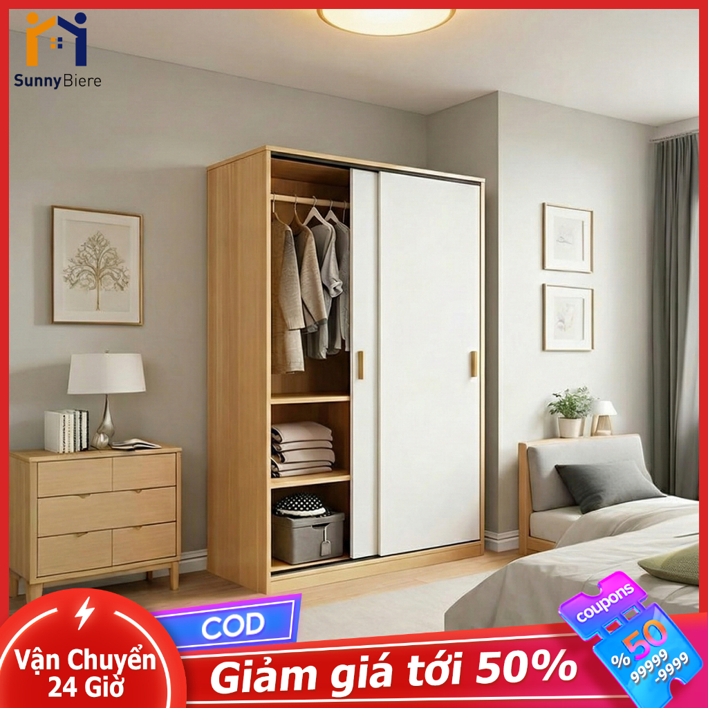 Sunny Tủ Quần Áo Cửa Lùa 3 Kích Thước 80/100/120cm Rộng Thiết Kế Mỏng 45cm Tiết Kiệm Diện Tích