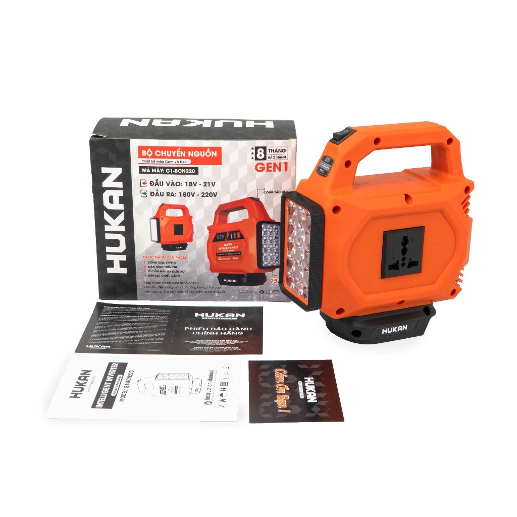 Đế Chuyển Đổi Nguồn Điện HUKAN (Gen1) G1-BCN220 | Inverter Pin 21V Ra 220V | LED Hiển Thị | Đèn Chiếu Sáng | BH 8 Tháng