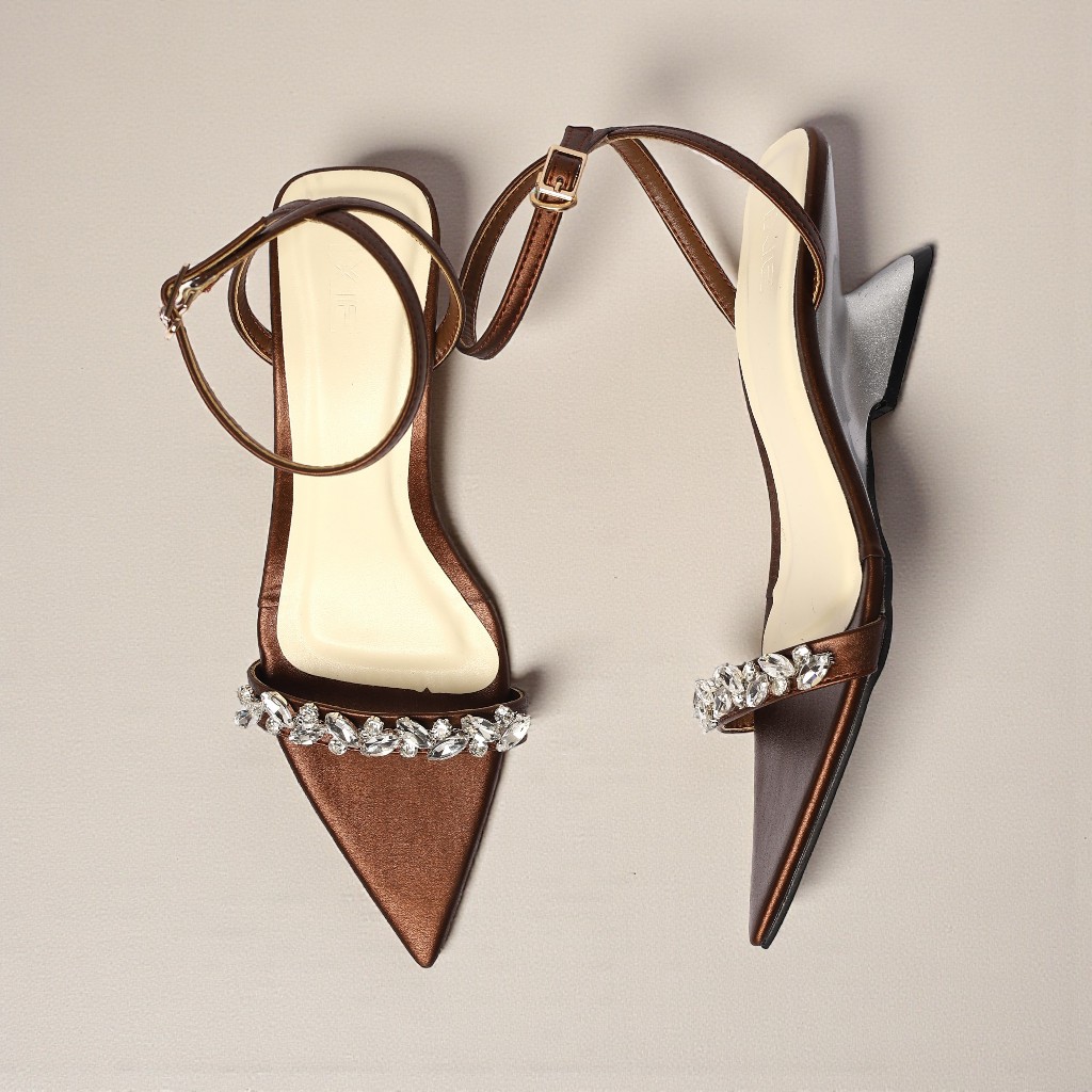 Giày Sandal Cao Gót 5cm Quai Mảnh Đính Đá Mũi Nhọn Thời Trang Pixie H439