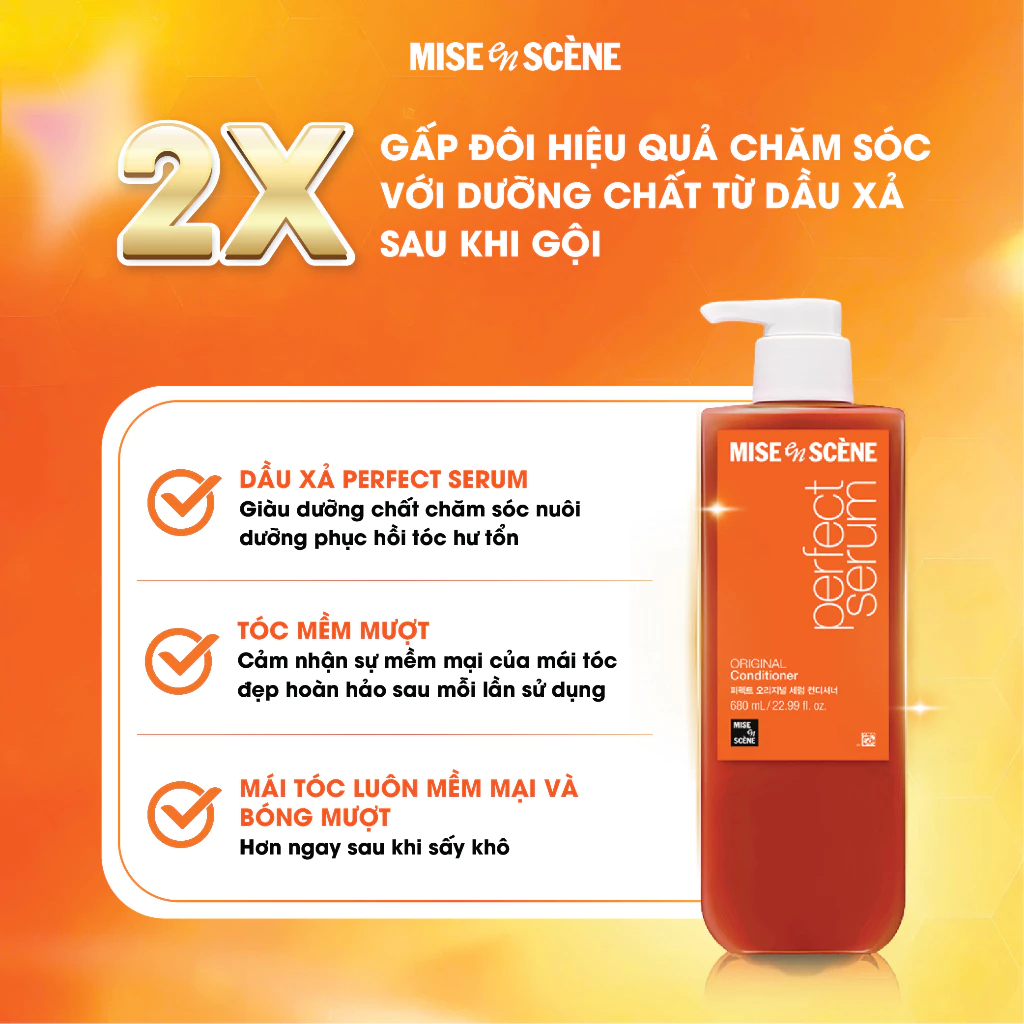 Bộ ba Gội - Xả -  Dầu dưỡng mise en scène Perfect Serum Original phục hồi hư tổn, giúp tóc suôn mềm
