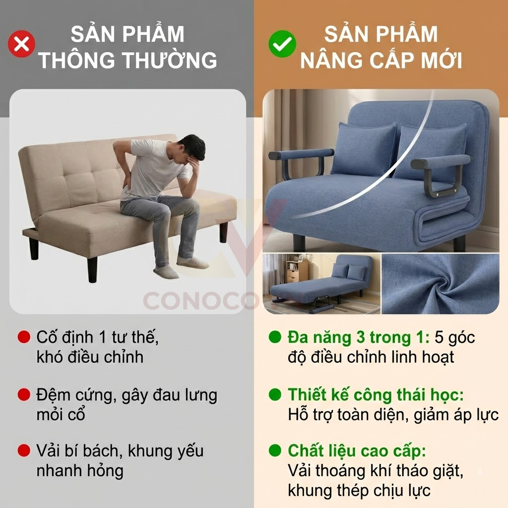 CONOCO Ghế Sofa Giường Đa Năng  Sofa Bed Gấp Gọn Thông Minh Vải Nỉ Êm Ái Kèm Gối Cho Phòng Nhỏ