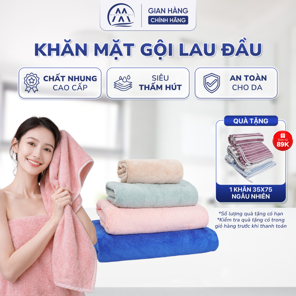 Khăn Tắm, Khăn Mặt Gội Lau Đầu MIANCO TOWEL 30x50 100% Microfiber Siêu Thấm Hút | MIANCO