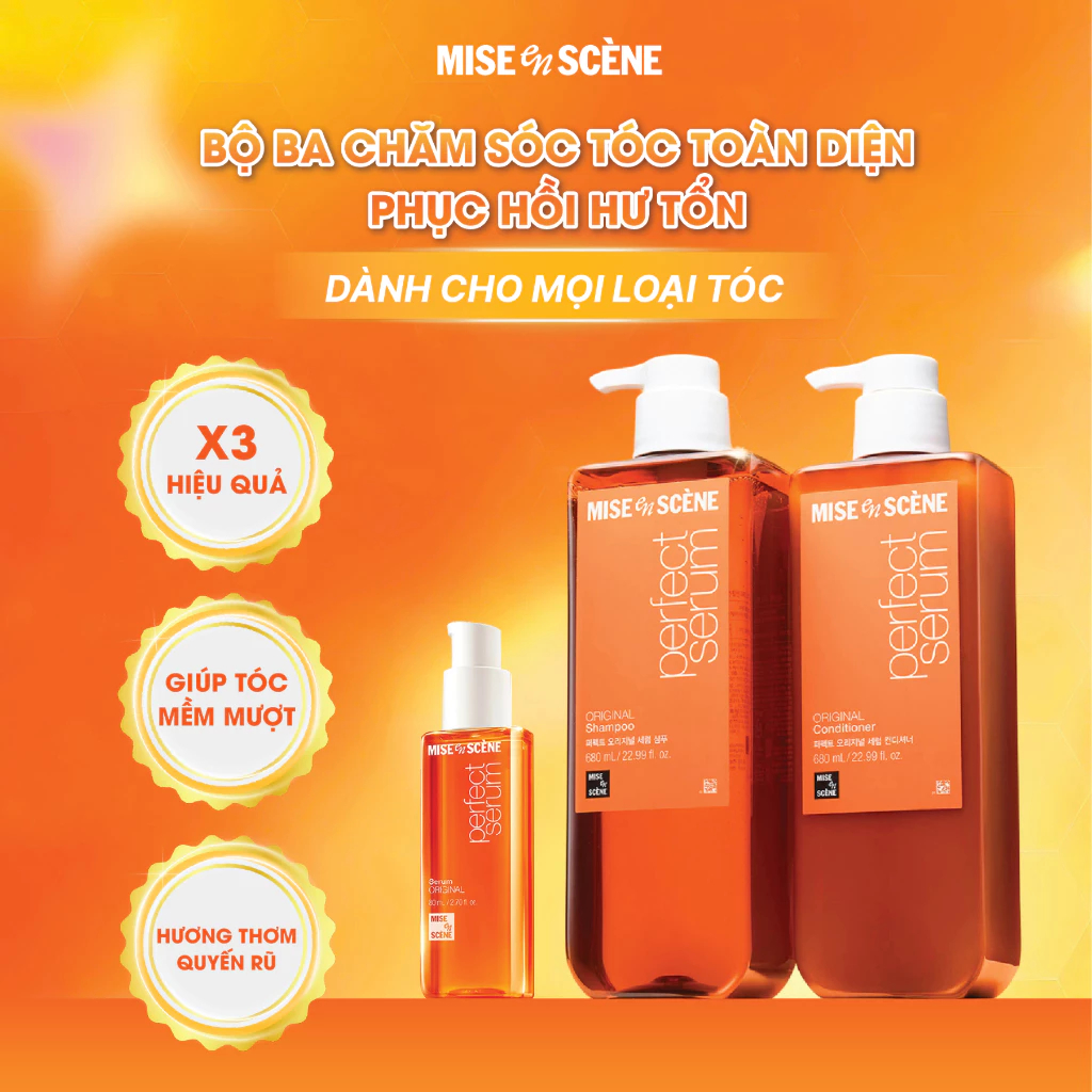 Bộ ba Gội - Xả -  Dầu dưỡng mise en scène Perfect Serum Original phục hồi hư tổn, giúp tóc suôn mềm