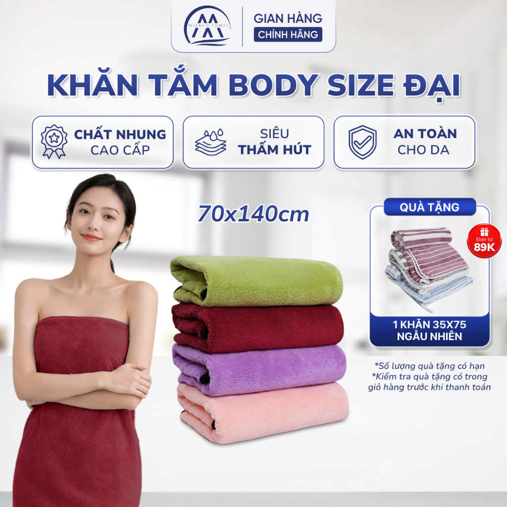 Khăn tắm body SIZE ĐẠI 70*140cm cao cấp loại DÀY, Khăn quấn đắp người spa chất Microfiber mềm mịn | MIANCO