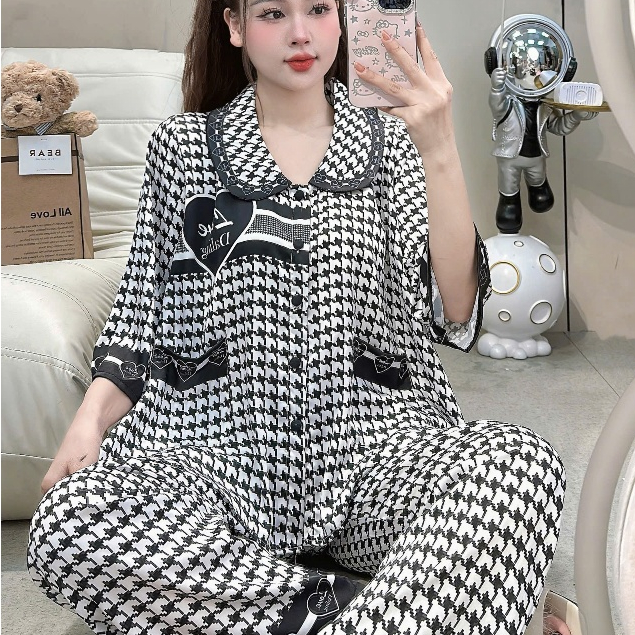 Đồ bộ mặc nhà nữ dễ thương,đồ ngủ lụa cao cấp tiểu thư,pijama cổ sen nút đính kim mịn mát hotrend[4]