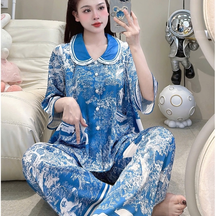 Đồ bộ mặc nhà nữ dễ thương,đồ ngủ lụa cao cấp tiểu thư,pijama cổ sen nút đính kim mịn mát hotrend[4]