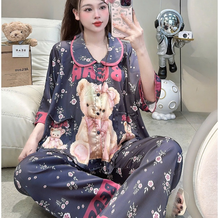 Đồ bộ mặc nhà nữ dễ thương,đồ ngủ lụa cao cấp tiểu thư,pijama cổ sen nút đính kim mịn mát hotrend[4]