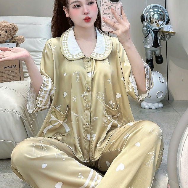 Đồ bộ mặc nhà nữ dễ thương,đồ ngủ lụa cao cấp tiểu thư,pijama cổ sen nút đính kim mịn mát hotrend[4]