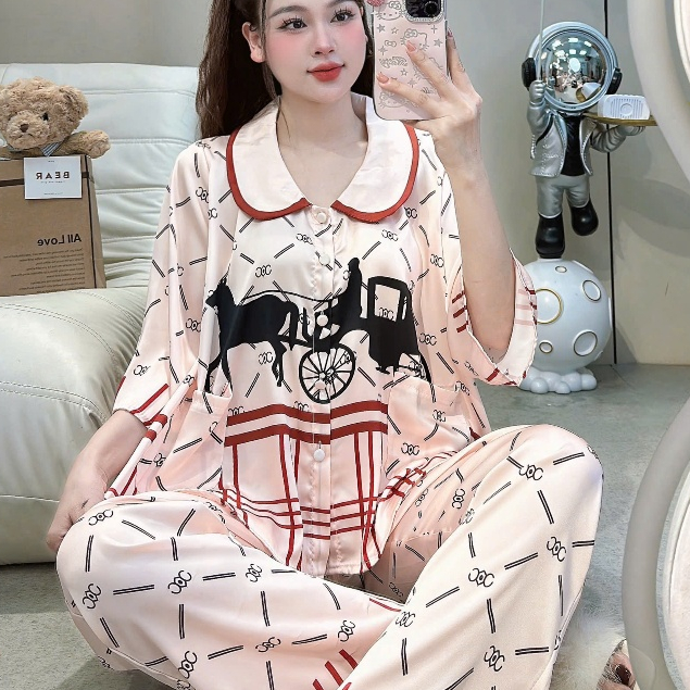 Đồ bộ mặc nhà nữ dễ thương,đồ ngủ lụa cao cấp tiểu thư,pijama cổ sen nút đính kim mịn mát hotrend[4]
