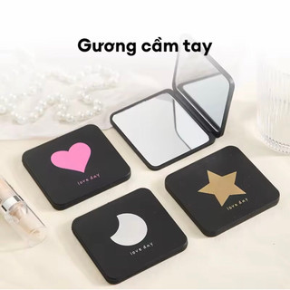 Gương makeup gấp gọn mini 2 mặt thường và phóng to đen vỏ nhám