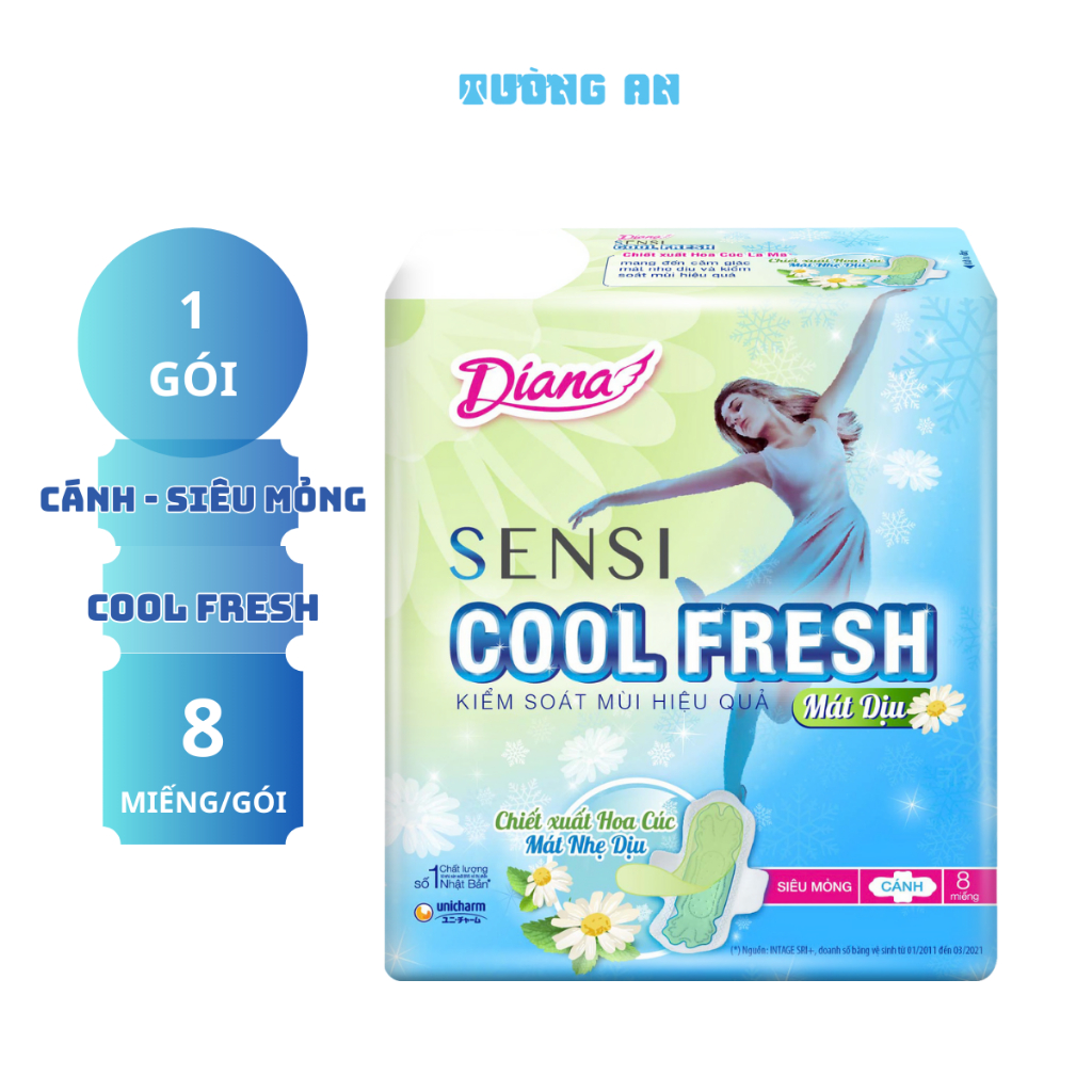 Băng Vệ Sinh Diana Sensi Cool Fresh MÁT DIỆU Siêu Mỏng Có Cánh 8 Miếng