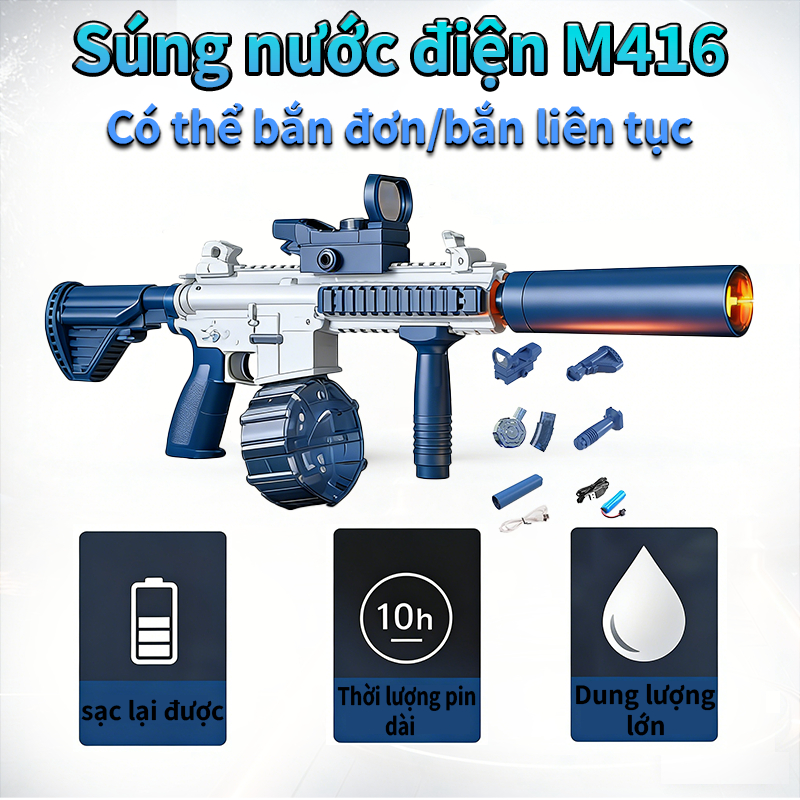 Súng nước điện tự động có đèn M416 - Pin sạc được, phiên bản nâng cấp với bình chứa nước áp suất cao dung tích lớn
