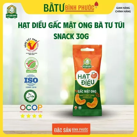 HẠT ĐIỀU GẤC MẬT ONG BÀ TƯ TÚI SNACK 30G - HẠT ĐIỀU BÀ TƯ BÌNH PHƯỚC