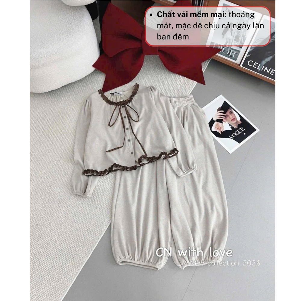 Bộ đồ nữ tay dài cổ nơ vintage, set đồ nữ quần bo gấu thanh lịch dễ thương HCOM27019